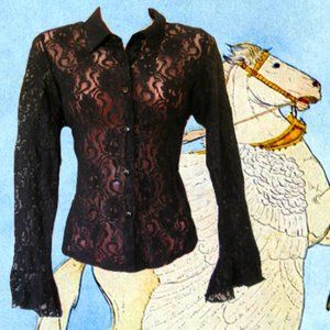1990s vintage sexy sheer black lace top bell sleeves shirt size medium